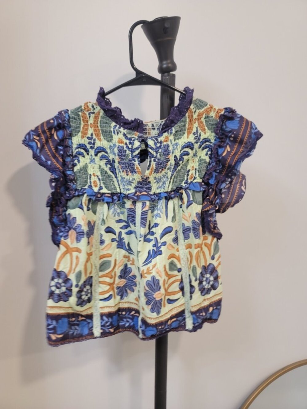 Farm Rio Green Ocean Tapestry Lace Blouse Sz Medium Multicolor - Picture 3 of 6